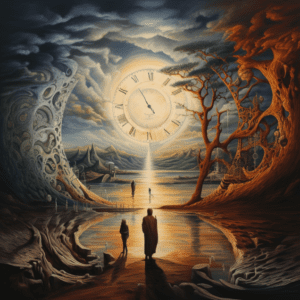 Image d’une peinture représentant une scène de plage avec une horloge. Le tableau présente un magnifique coucher de soleil avec des nuages ​​en arrière-plan.
C'est une image réalisée avec l'intelligence artificielle Midjourney pour symboliser les raccourcis clavier "début" et "fin"
