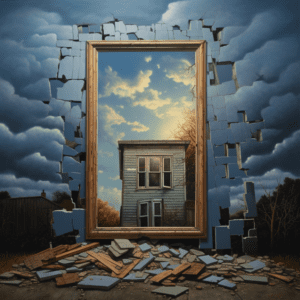 L'image est une peinture d'une maison qui a été détruite. L'œuvre représente un ciel nuageux et une scène extérieure visible à travers une fenêtre.