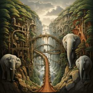 C'est une peinture d'éléphants posés sur des rochers, près d'un pont dans une forêt. Les deux côtés de l'images sont semblables pour représenter le raccourci clavier "copier-coller"