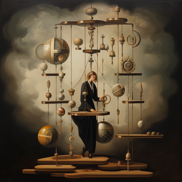 Une peinture représentant une femme entourée de globes. Cette œuvre incarne la précision mécanique futuriste et l'équilibre symétrique. Les éléments de piles et de suspensions ajoutent une dimension intrigante à l'ensemble.