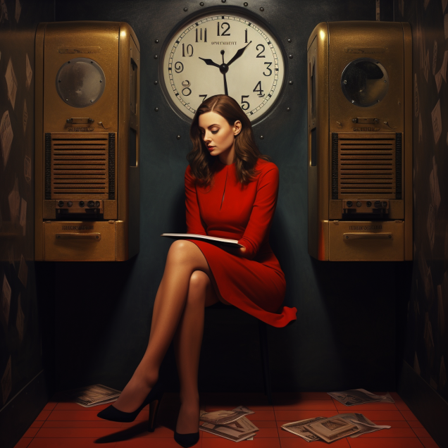 Une femme vÃªtue d'une robe rouge est assise prÃ¨s d'une horloge, avec une touche de rÃ©alisme contemporain. La scÃ¨ne dÃ©peint un instant de vie quotidienne avec une atmosphÃ¨re confessionnelle.