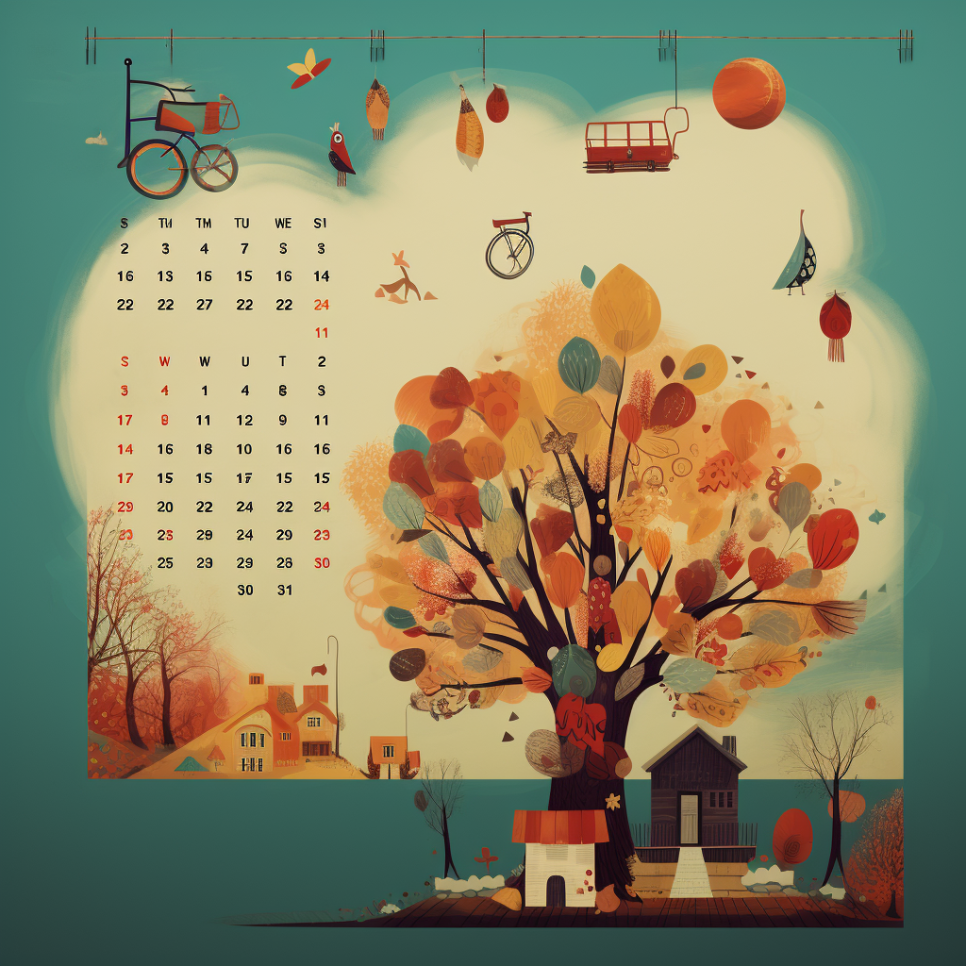Une image colorée, sur fond bleu,  d'un calendrier, générée avec l'intelligence artificielle Midjourney, avec des arbres, de petites maisons, 
Pour représenter comment je gère ma Gestion de Contenu et mes Défis Etsy. 