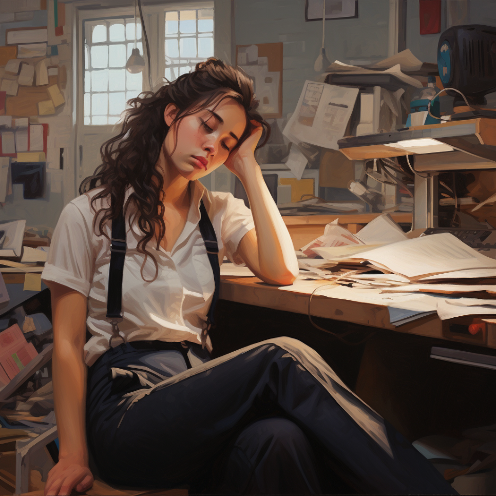Image d'une femme épuisée, assise à côté de son bureau jonché de papiers et documents. 
La femme pose sa tête sur sa main, le bras appuyé sur le bureau
