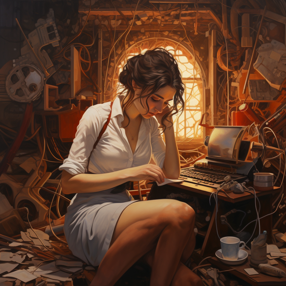Image d'une femme dans un bureau encombré de désordre, devant une machine à écrire. 
On peut voire une fenêtre en arrière plan. 