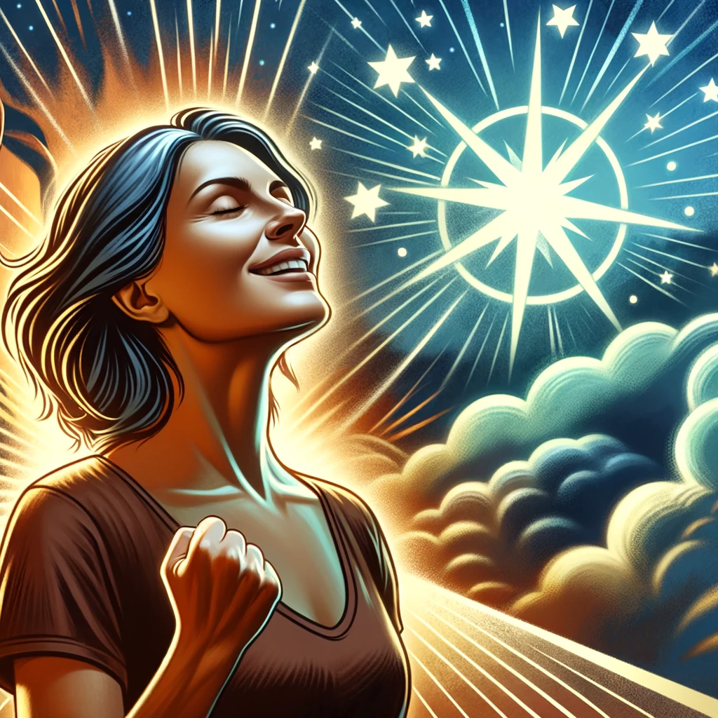 Une femme exprimant la joie et la gratitude, les yeux fermés et le visage tourné vers un ciel
nocturne étoilé qui brille de manière éclatante, symbolisant l'espoir et l'inspiration.