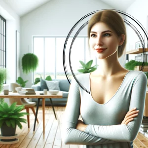 Une femme souriante avec une posture confiante, bras croisés, se tenant dans un intérieur
lumineux et moderne avec des plantes vertes, évoquant un sentiment de bien-être et de satisfaction personnelle.