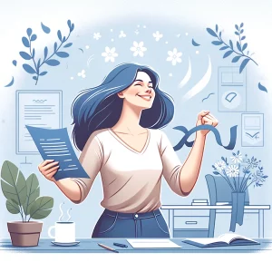 Illustration d'une femme aux cheveux bleus souriante, tenant un document et debout à côté d'un bureau. Des plantes, une tasse de café, et des éléments de décoration florale complètent la scène, évoquant une atmosphère productive et détendue