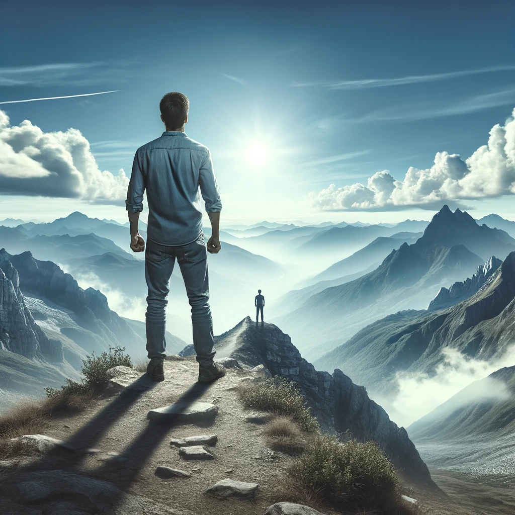 Un individu se tient au sommet d'une montagne, contemplant l'horizon sous un ciel vaste et
lumineux, illustrant un moment de triomphe et de réflexion personnelle.