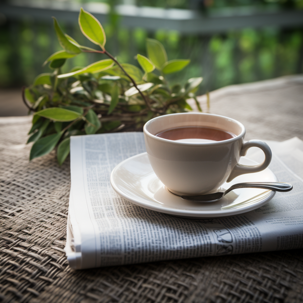 Tasse de thé sur une table avec un journal et une plante en arrière-plan près d'une fenêtre.