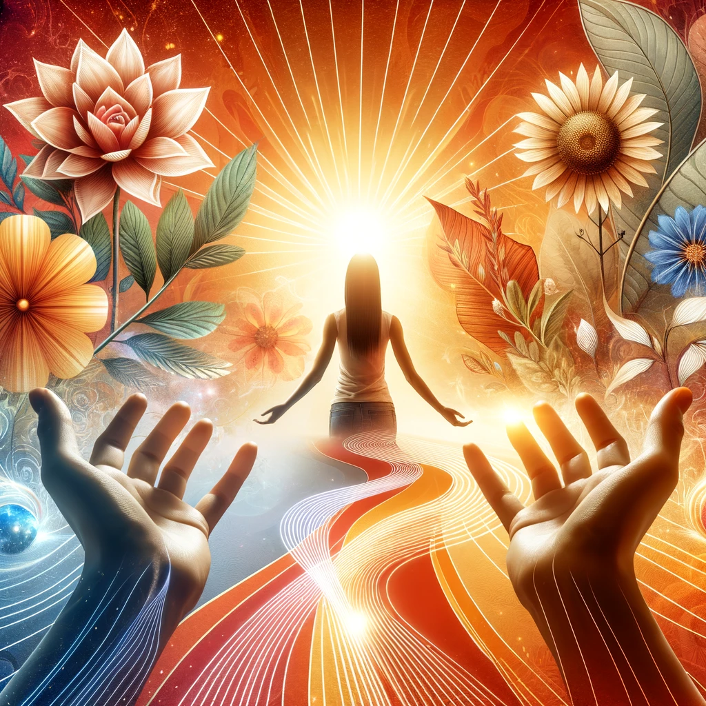 Une image vibrante illustrant la synergie entre la gratitude et l'optimisme avec une silhouette féminine de dos, les bras ouverts vers un soleil radieux, entourée de mains tendues et d'une variété de fleurs épanouies, symbolisant l'accueil et la positivité.