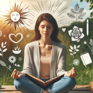 Une femme en position de méditation, centrée et paisible, entourée de motifs symboliques
représentant la nature, l'énergie et l'harmonie cosmique, évoquant une connexion spirituelle et un
équilibre intérieur.