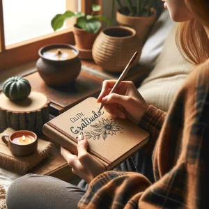 Une personne assise confortablement près d'une fenêtre, écrivant attentivement dans un journal
de gratitude, entourée d'une ambiance chaleureuse avec des bougies allumées et des éléments de
décoration naturels.