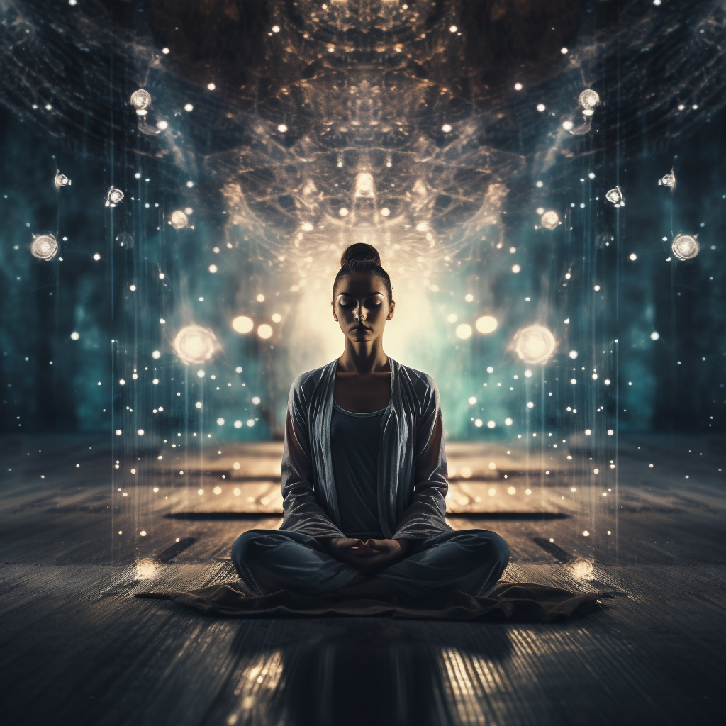 Femme en méditation entourée d'un univers étoilé et lumineux évoquant la paix intérieure et la connexion avec l'univers
