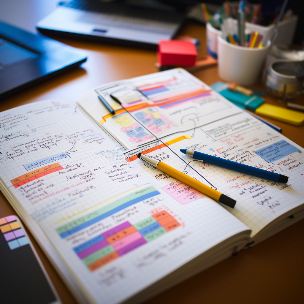 Bureau organisé avec un carnet ouvert rempli de notes colorées, un ordinateur portable, des stylos et divers fournitures de bureau.