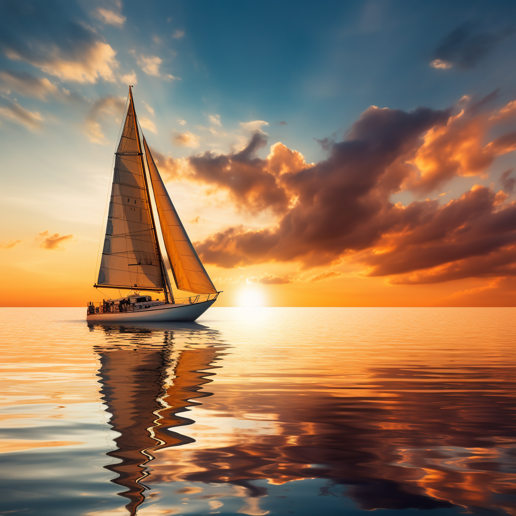 Voilier naviguant sur une mer calme au coucher du soleil avec des nuages orangés reflétant sur l'eau.