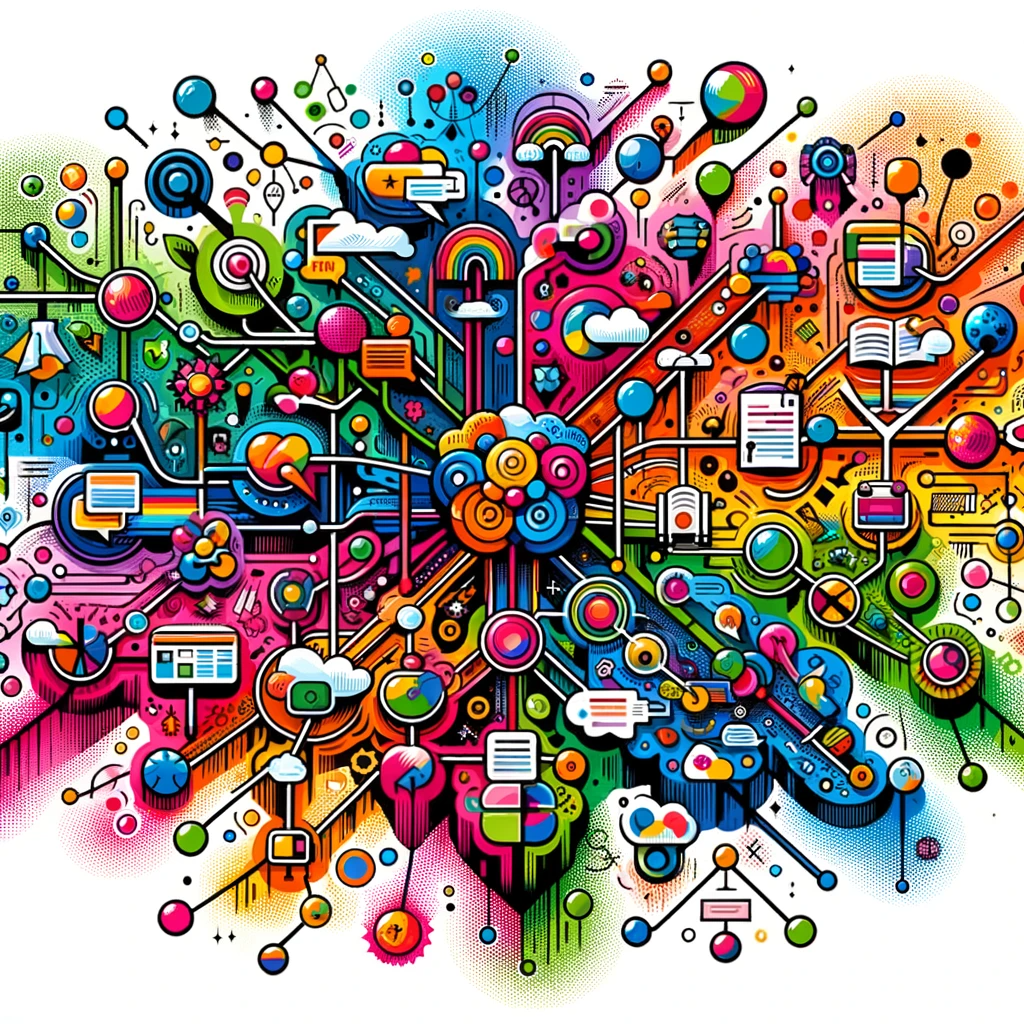 Image illustrant des cartes de contenu colorées, symbolisant la connexion et l'organisation des idées, inspirée par les pratiques d'Obsidian. Chaque noeud représente une idée distincte, reliée par des lignes multicolores pour montrer les relations et les interactions entre les concepts.