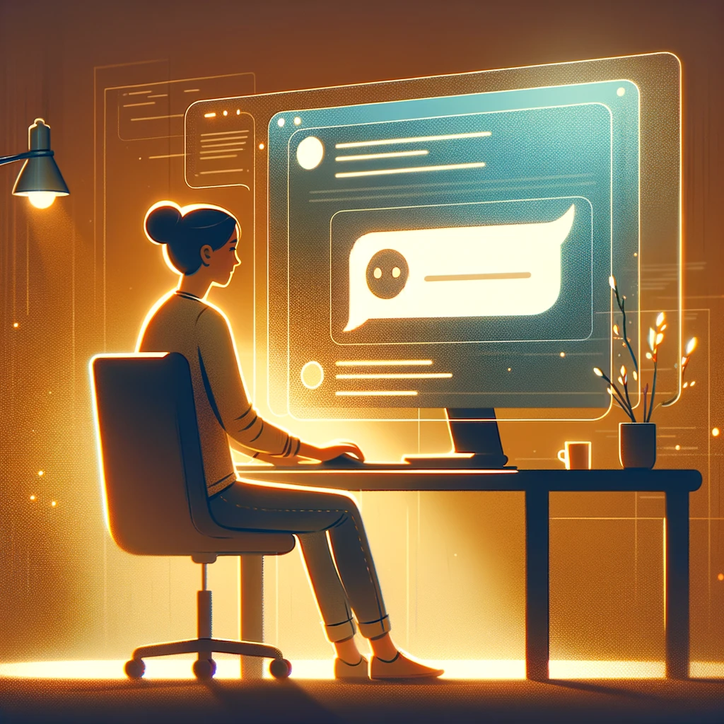 Une illustration mettant en scène une personne utilisant un ordinateur pour une conversation en ligne positive, mettant en avant le rôle crucial de l'intelligence artificielle comme facilitateur de communication sur les réseaux sociaux.