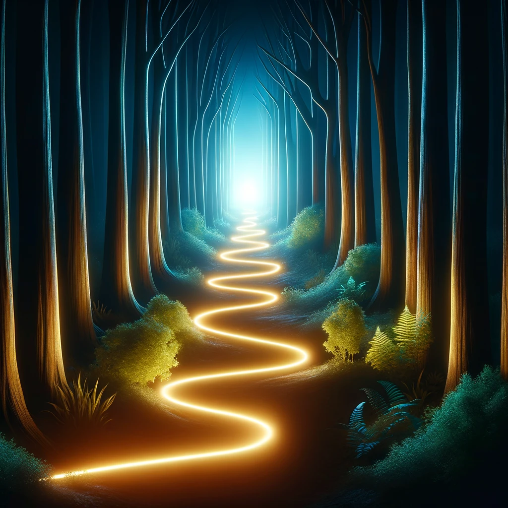 chemin sinueux et lumineux à travers une forêt, menant vers la lumière.
