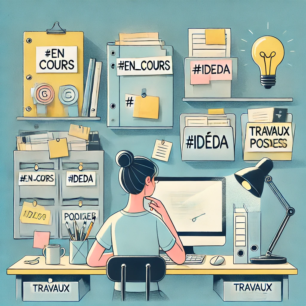 Illustration moderne d'un bureau organisé avec des étiquettes pour classer les projets comme #en_cours, #idée, et #travaux_perdus.